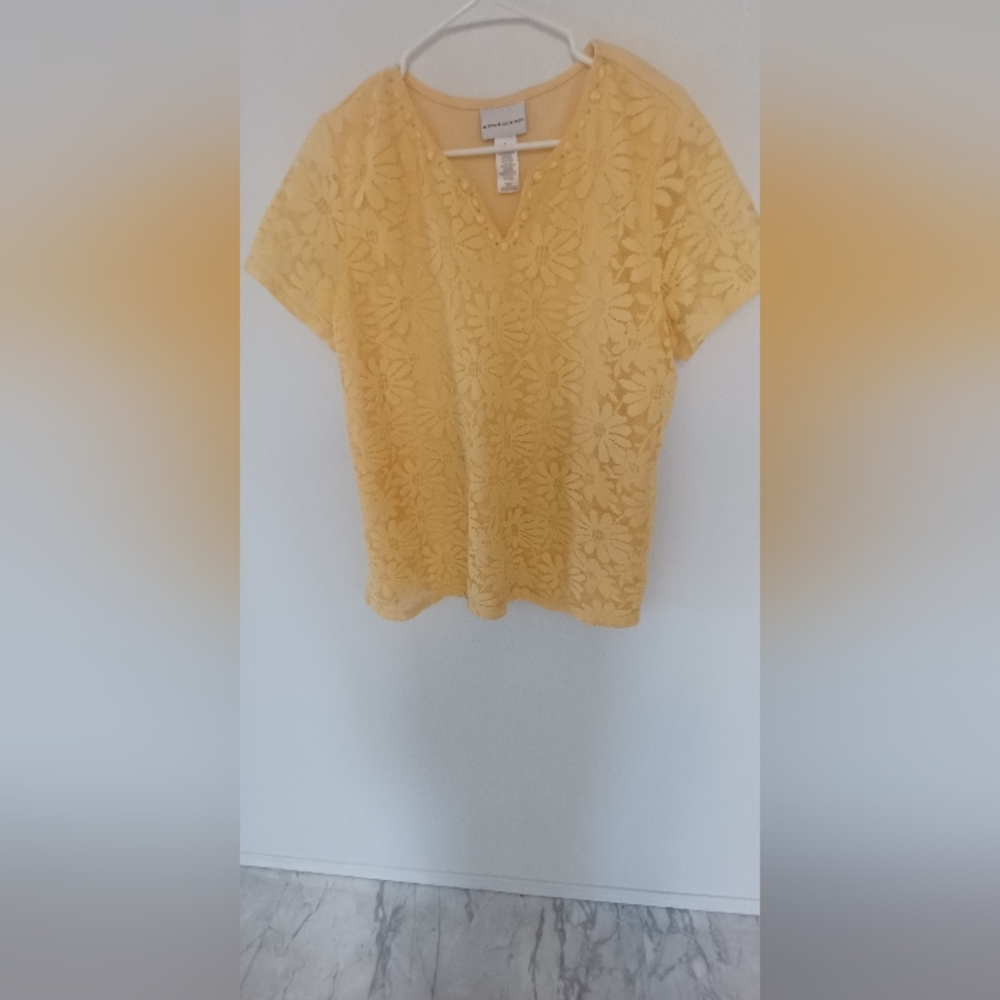 Alfred DunnerYellow Boxy Short Sleeve Blouse Lined Floral LG